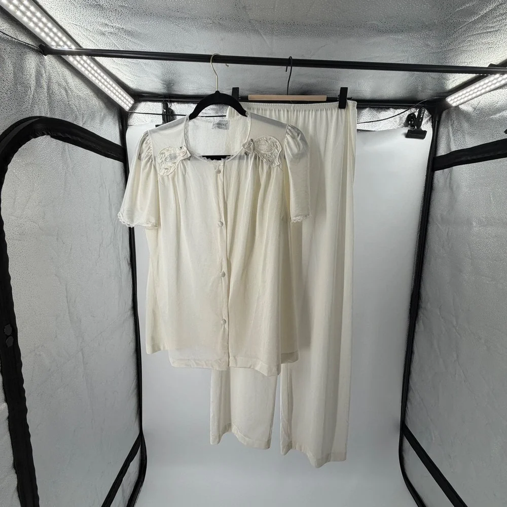 Vintage Lorraine Ivory Pajama Set Lace‎ Rosette Button Front Top Pants USA Made